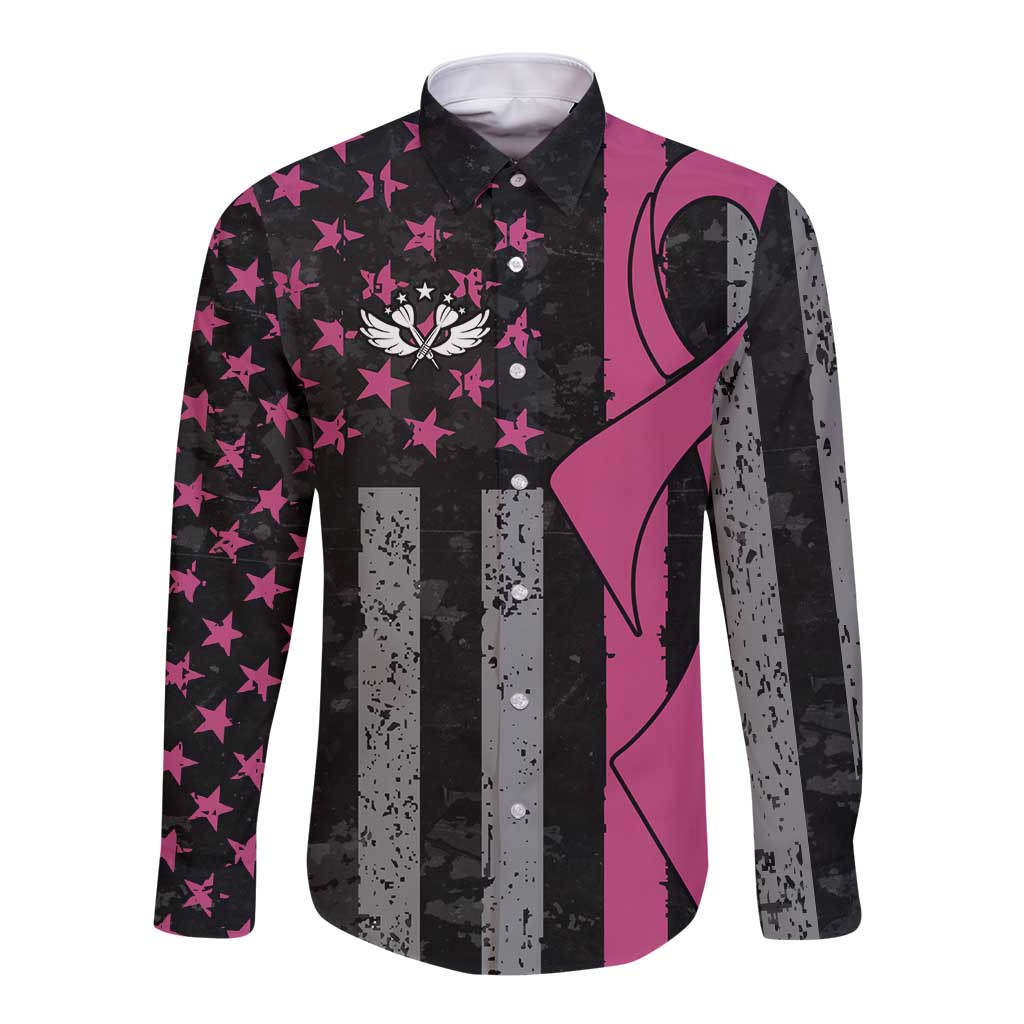 Personalized Pink Ribbon and American Flag Darts Long Sleeve Button Shirt - Wonder Print Shop