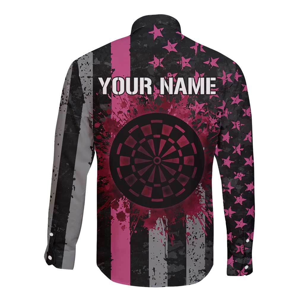 Personalized Pink Ribbon and American Flag Darts Long Sleeve Button Shirt - Wonder Print Shop