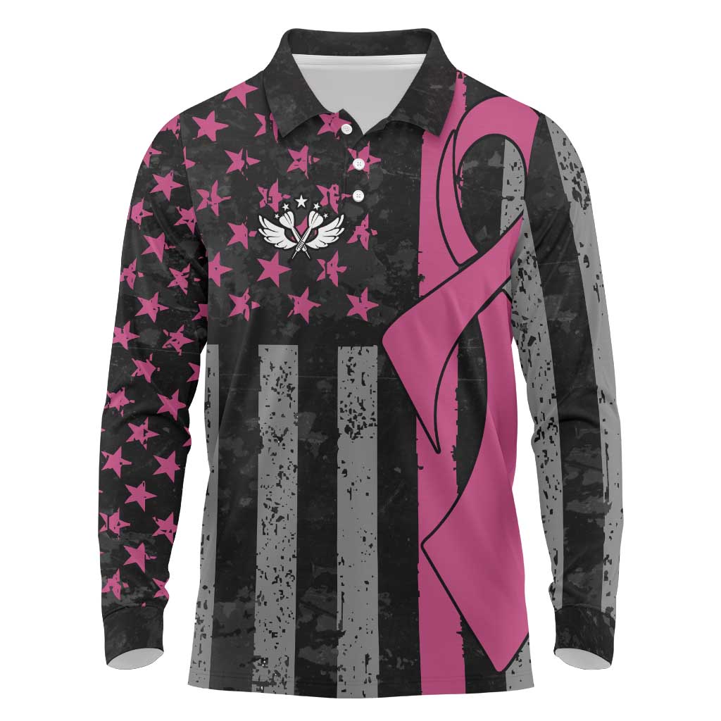 Personalized Pink Ribbon and American Flag Darts Long Sleeve Polo Shirt - Wonder Print Shop