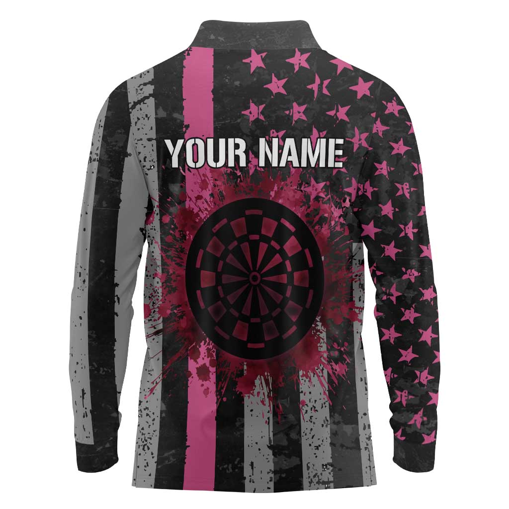 Personalized Pink Ribbon and American Flag Darts Long Sleeve Polo Shirt - Wonder Print Shop