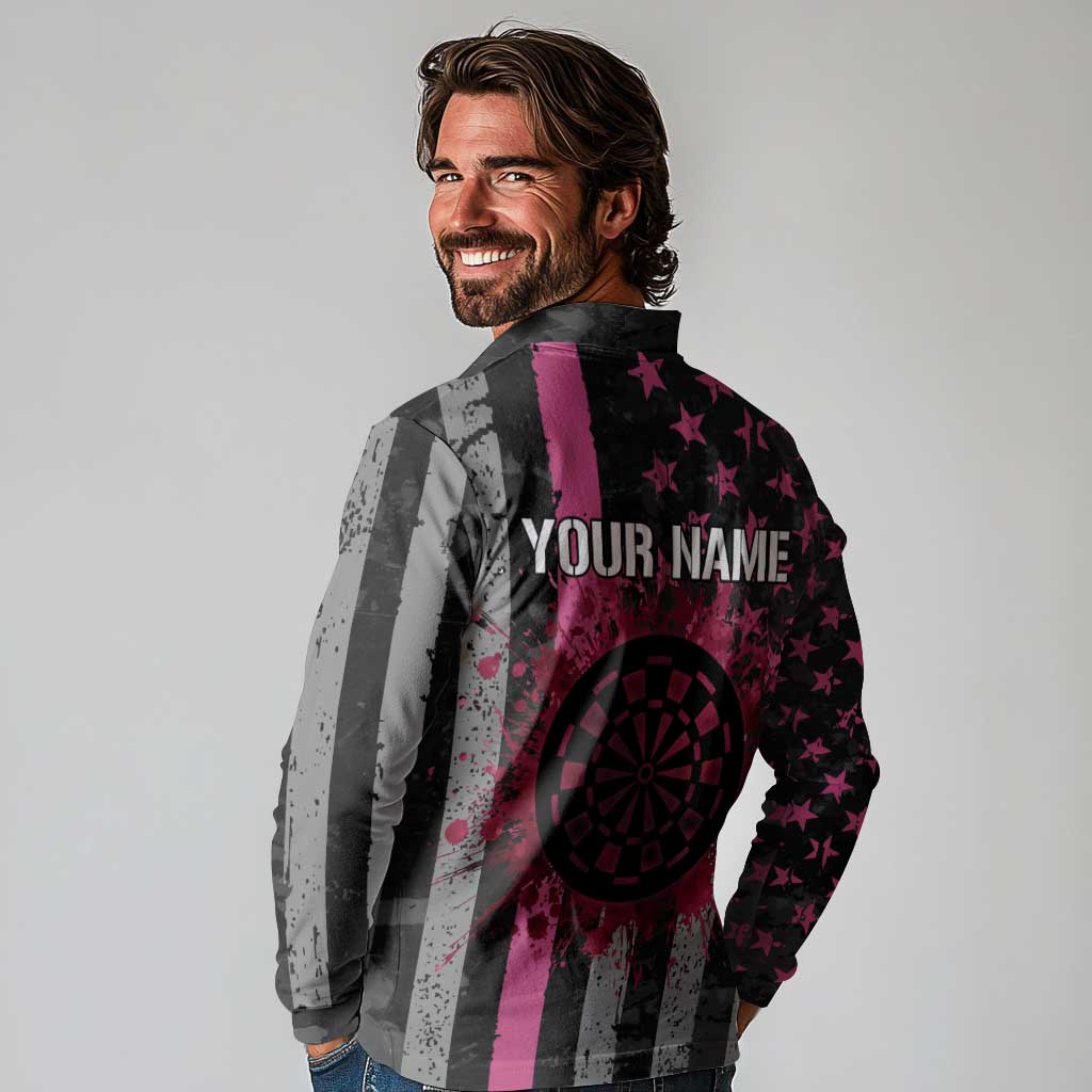 Personalized Pink Ribbon and American Flag Darts Long Sleeve Polo Shirt - Wonder Print Shop