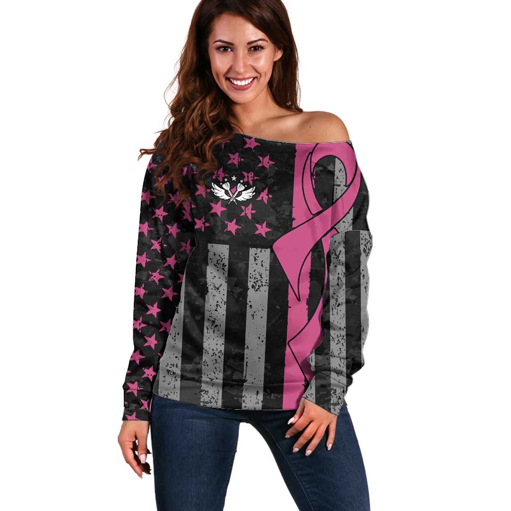 Personalized Pink Ribbon and American Flag Darts Off Shoulder Sweater - Wonder Print Shop
