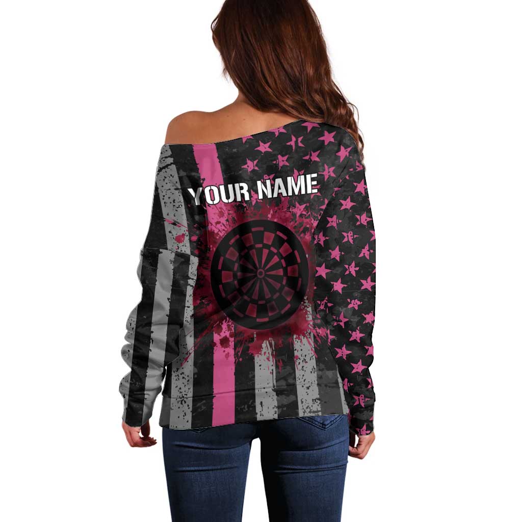Personalized Pink Ribbon and American Flag Darts Off Shoulder Sweater - Wonder Print Shop