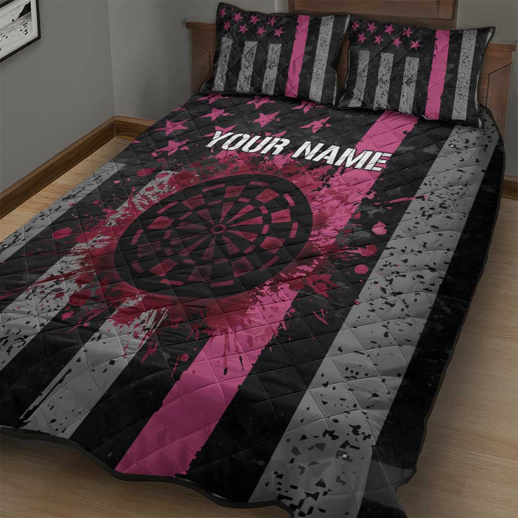 Personalized Pink Ribbon and American Flag Darts Quilt Bed Set - Wonder Print Shop