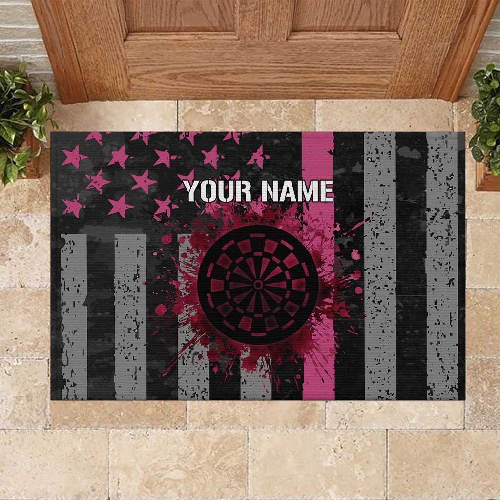 Personalized Pink Ribbon and American Flag Darts Rubber Doormat - Wonder Print Shop