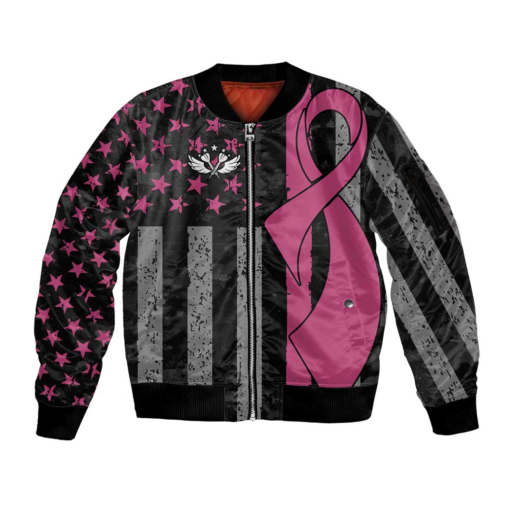 Personalized Pink Ribbon and American Flag Darts Sleeve Zip Bomber Jacket - Wonder Print Shop