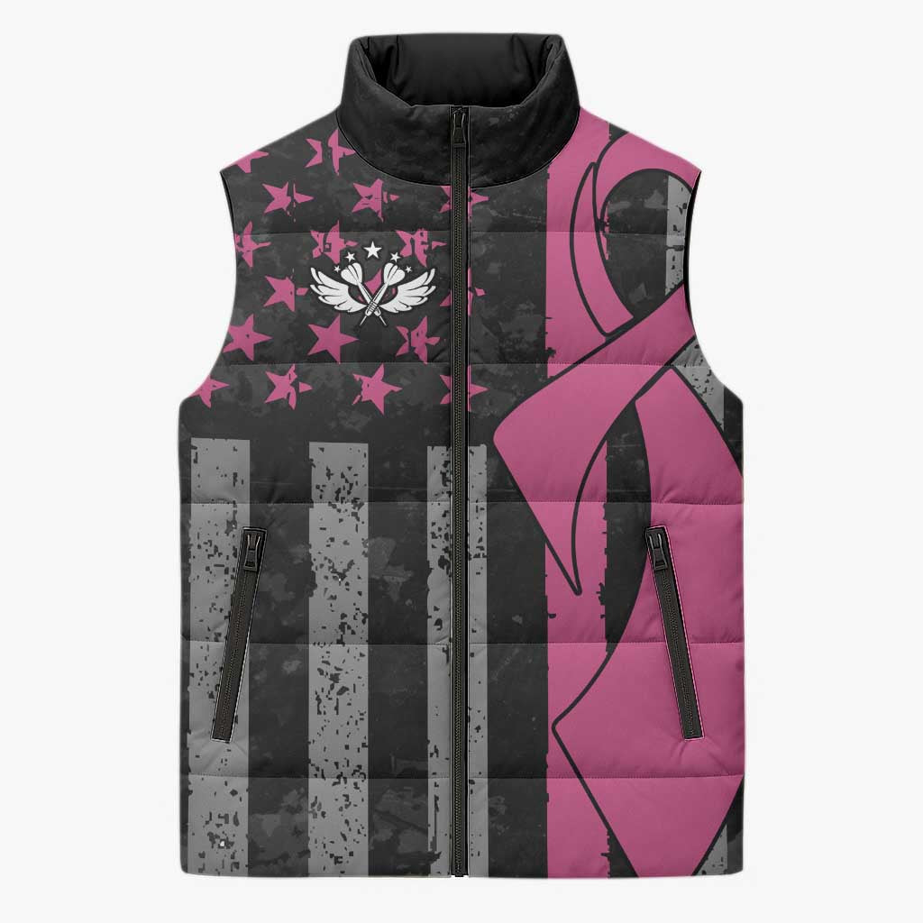 Personalized Pink Ribbon and American Flag Darts Sleeveless Puffer Jacket - Wonder Print Shop