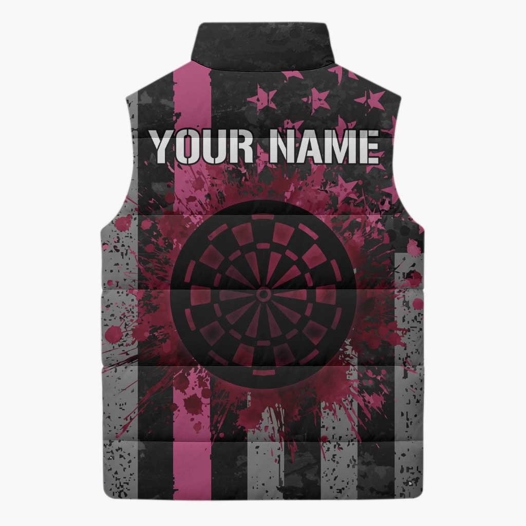 Personalized Pink Ribbon and American Flag Darts Sleeveless Puffer Jacket - Wonder Print Shop