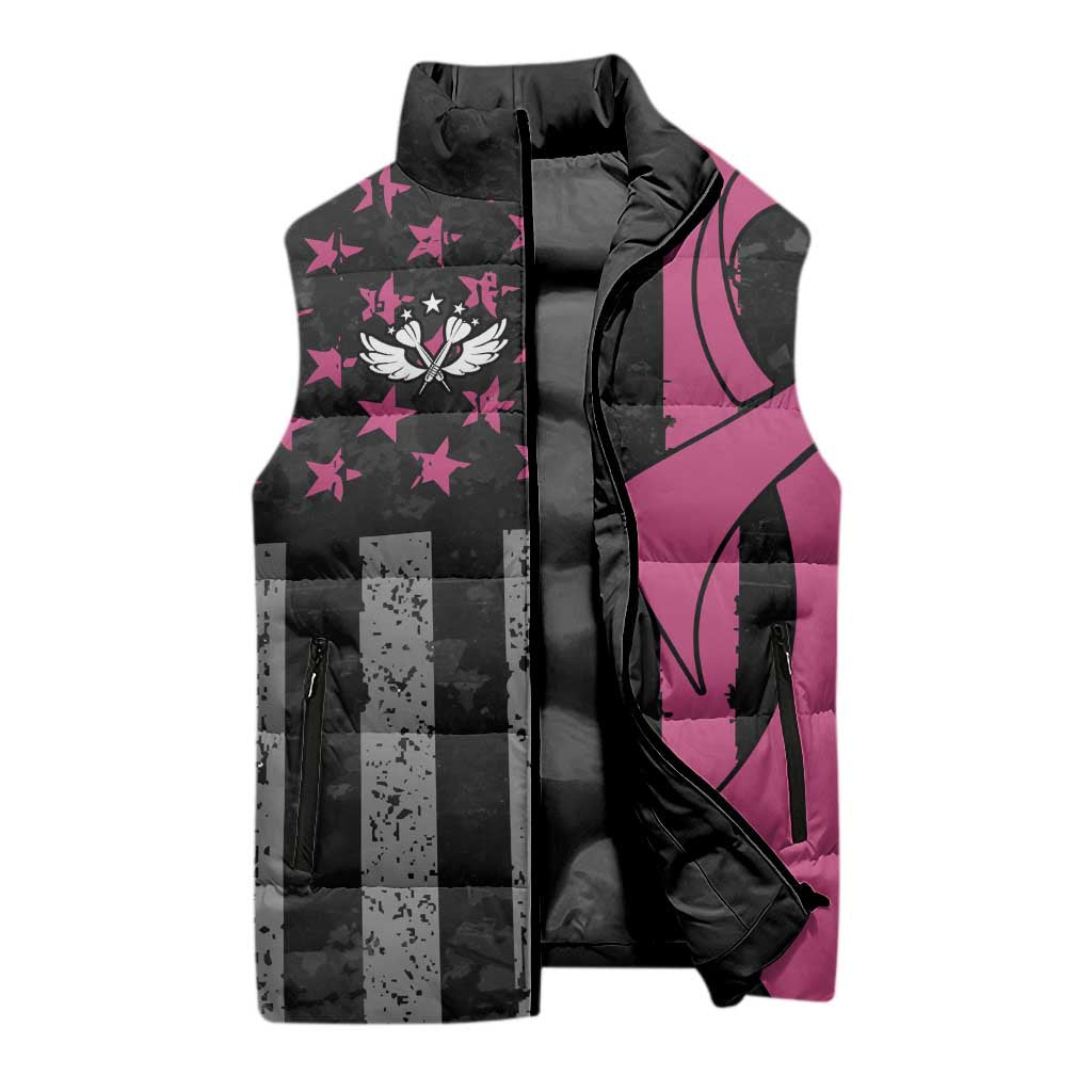 Personalized Pink Ribbon and American Flag Darts Sleeveless Puffer Jacket - Wonder Print Shop