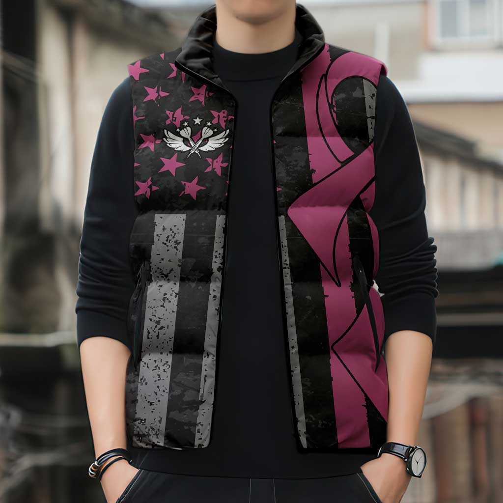 Personalized Pink Ribbon and American Flag Darts Sleeveless Puffer Jacket - Wonder Print Shop