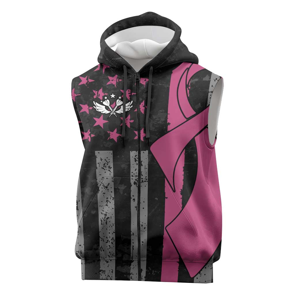 Personalized Pink Ribbon and American Flag Darts Sleeveless Zip Hoodie - Wonder Print Shop