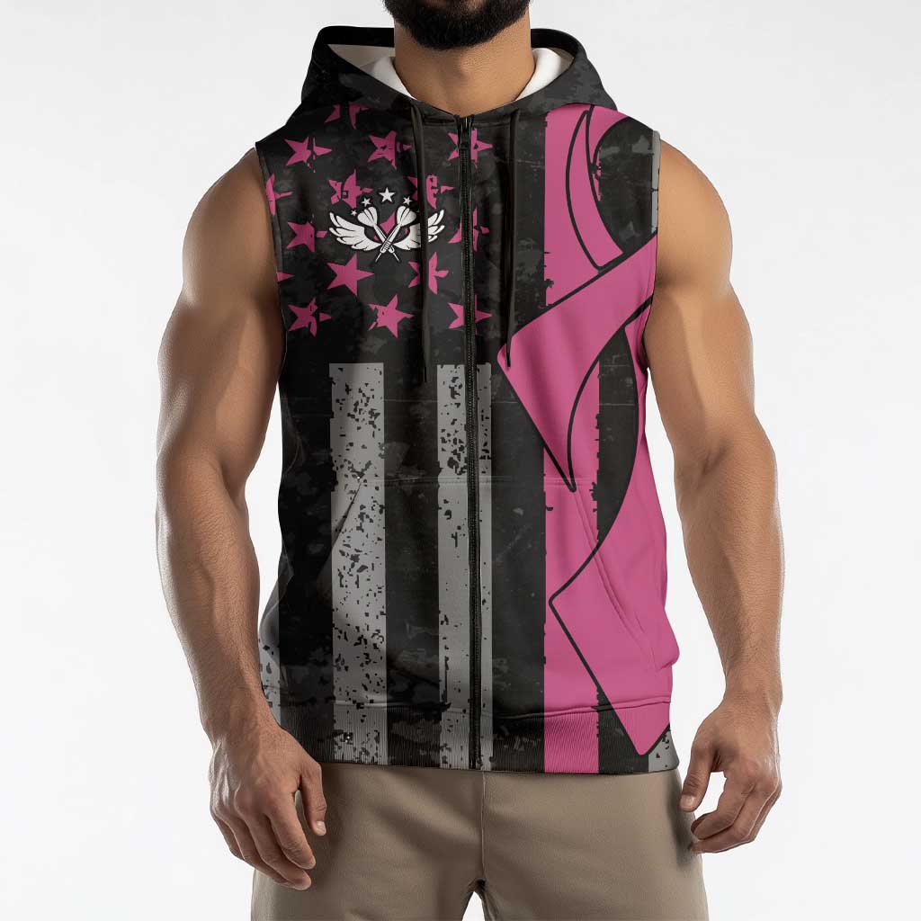 Personalized Pink Ribbon and American Flag Darts Sleeveless Zip Hoodie - Wonder Print Shop
