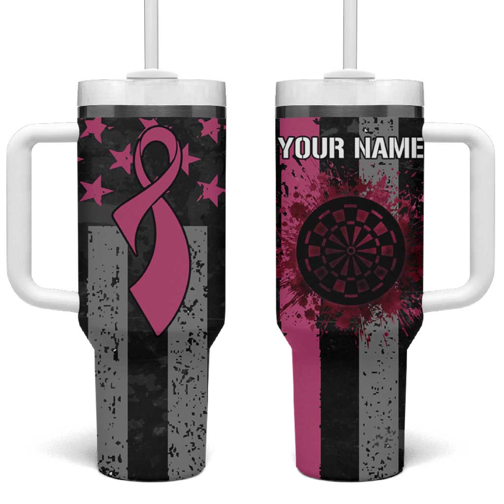 Personalized Pink Ribbon and American Flag Darts Tumbler With Handle - Wonder Print Shop