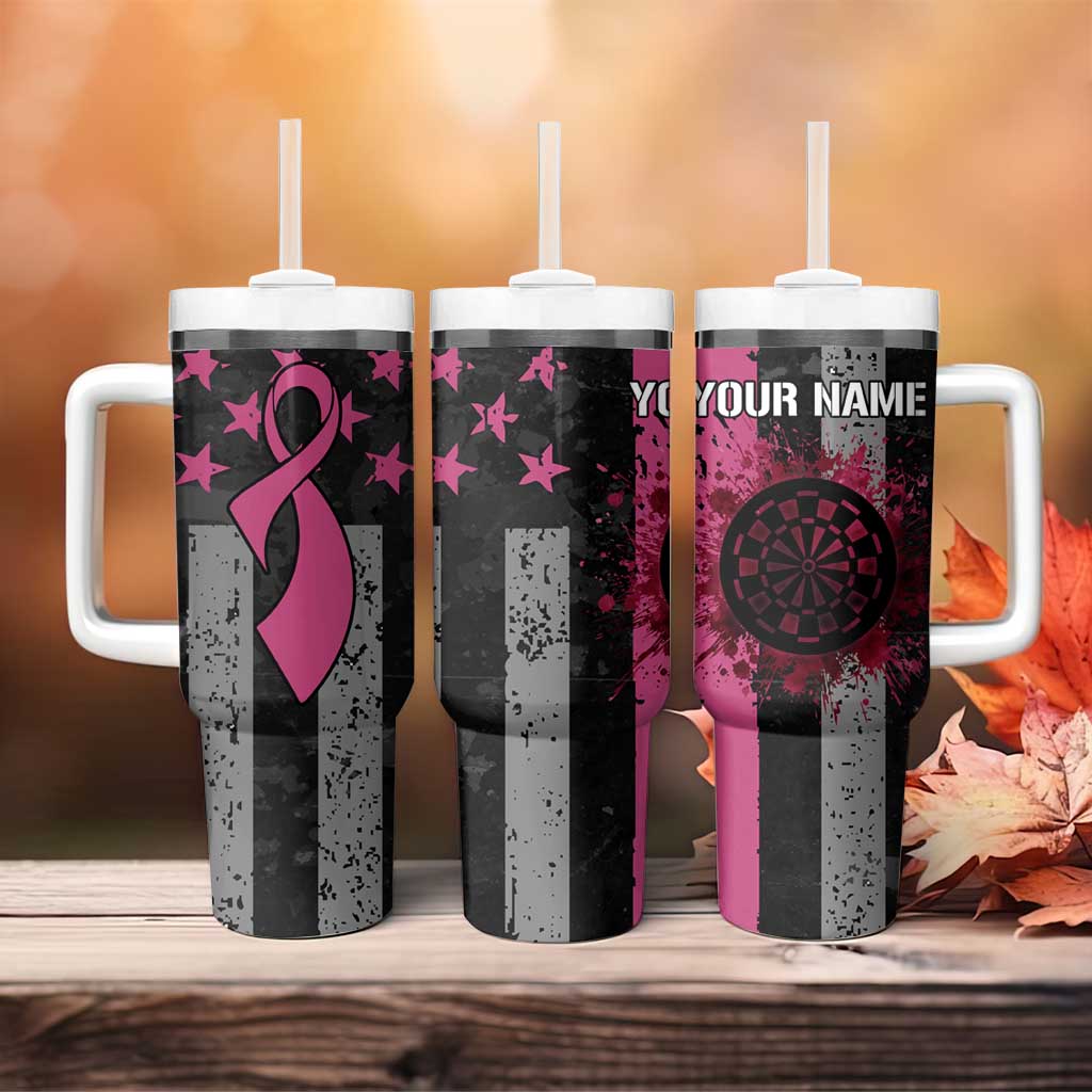 Personalized Pink Ribbon and American Flag Darts Tumbler With Handle - Wonder Print Shop