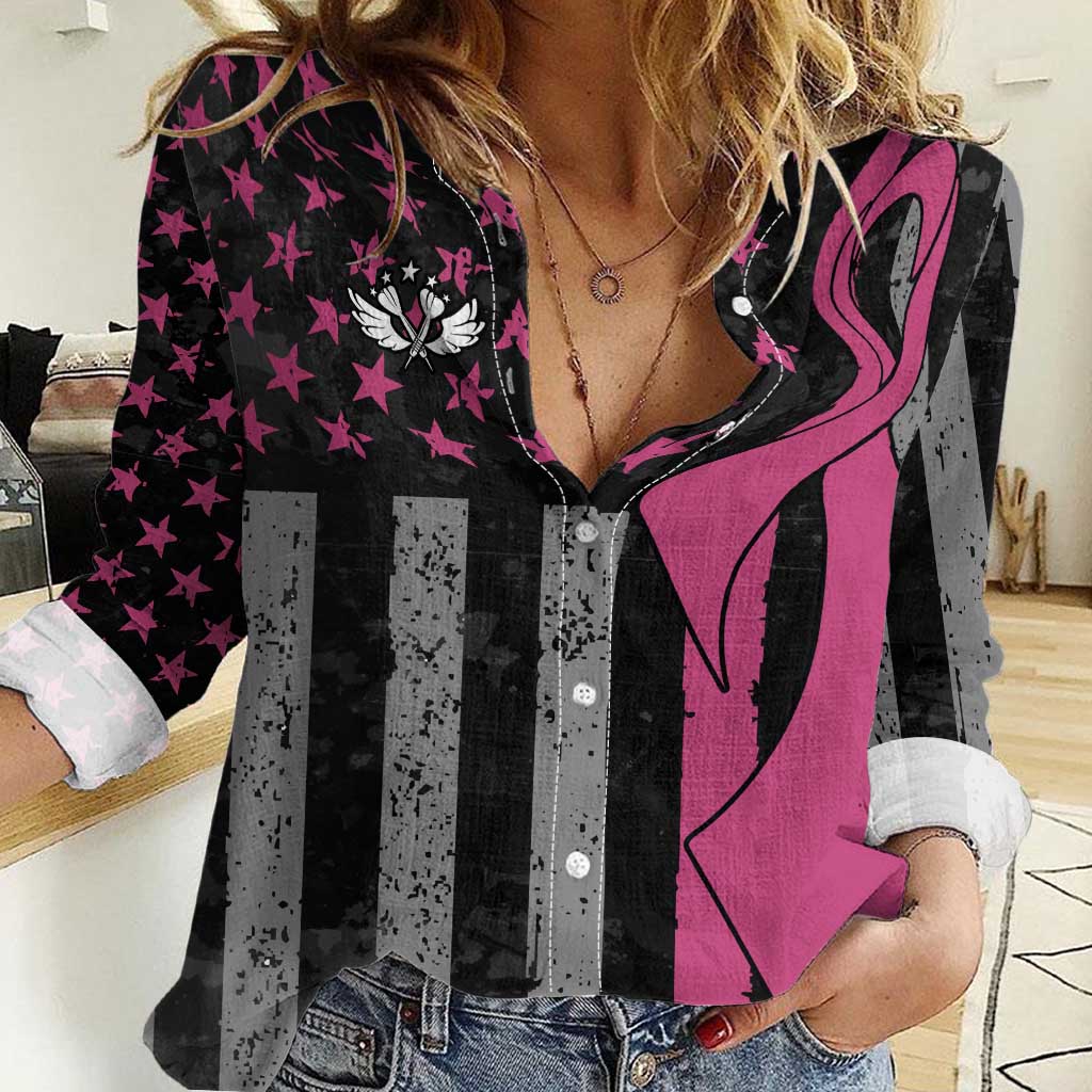 Personalized Pink Ribbon and American Flag Darts Women Casual Shirt - Wonder Print Shop