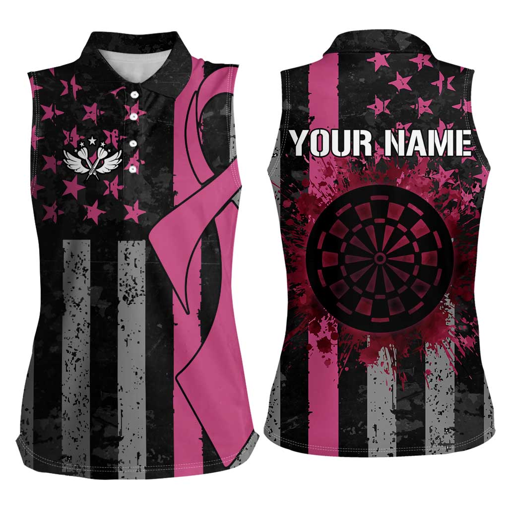 Personalized Pink Ribbon and American Flag Darts Women Sleeveless Polo Shirt - Wonder Print Shop