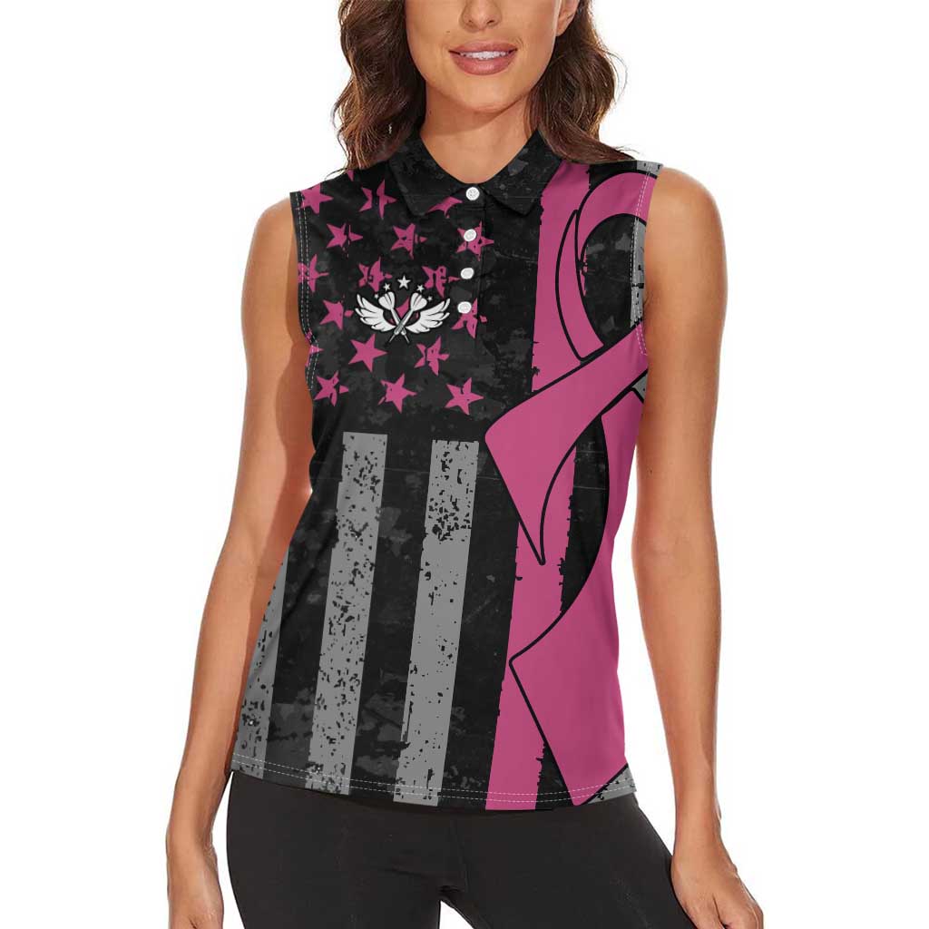Personalized Pink Ribbon and American Flag Darts Women Sleeveless Polo Shirt - Wonder Print Shop