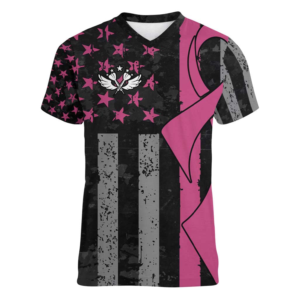 Personalized Pink Ribbon and American Flag Darts Women V-Neck T-Shirt - Wonder Print Shop