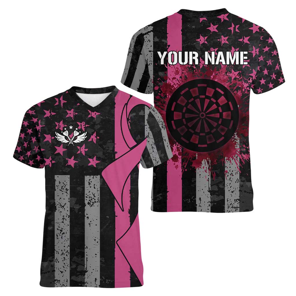 Personalized Pink Ribbon and American Flag Darts Women V-Neck T-Shirt - Wonder Print Shop