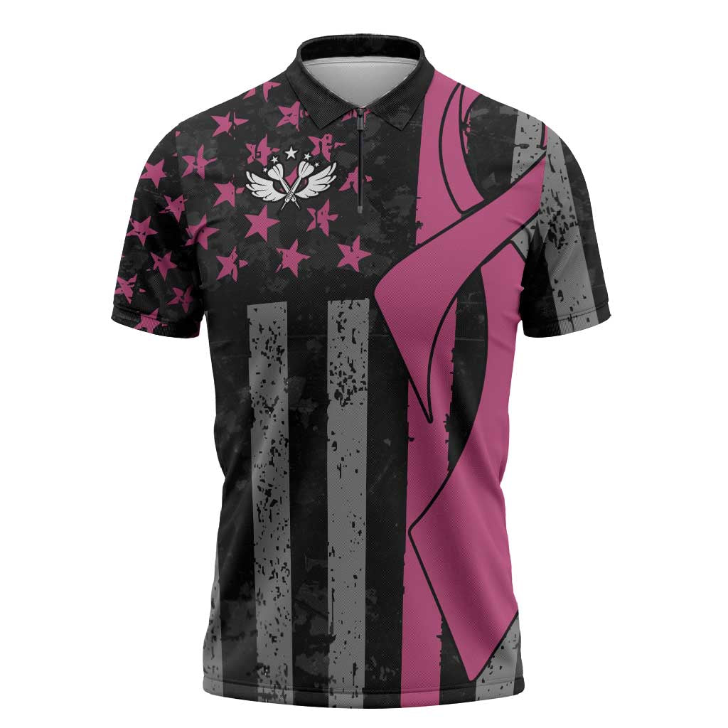 Personalized Pink Ribbon and American Flag Darts Zipper Polo Shirt - Wonder Print Shop