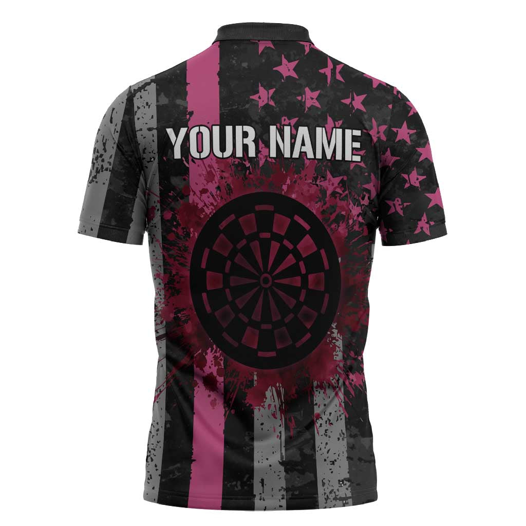 Personalized Pink Ribbon and American Flag Darts Zipper Polo Shirt - Wonder Print Shop