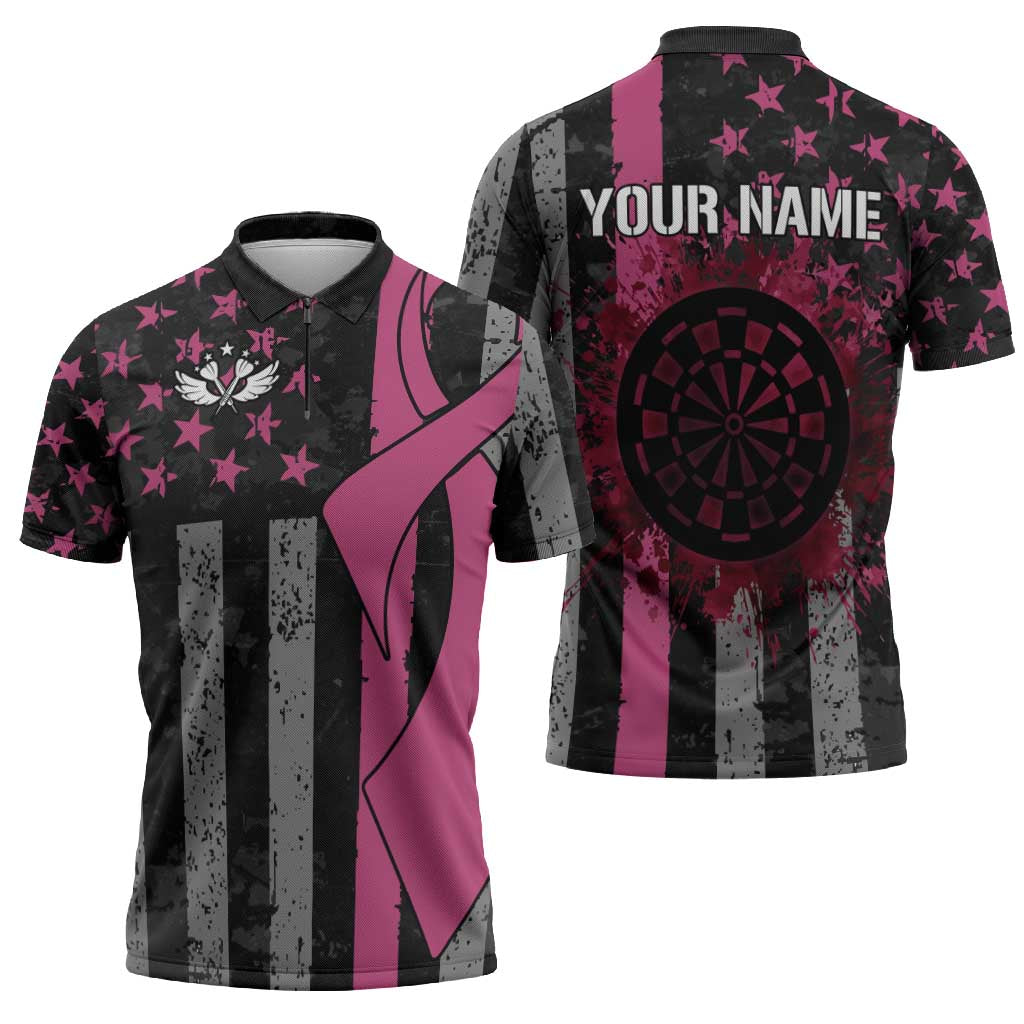 Personalized Pink Ribbon and American Flag Darts Zipper Polo Shirt - Wonder Print Shop