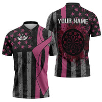 Personalized Pink Ribbon and American Flag Darts Zipper Polo Shirt - Wonder Print Shop