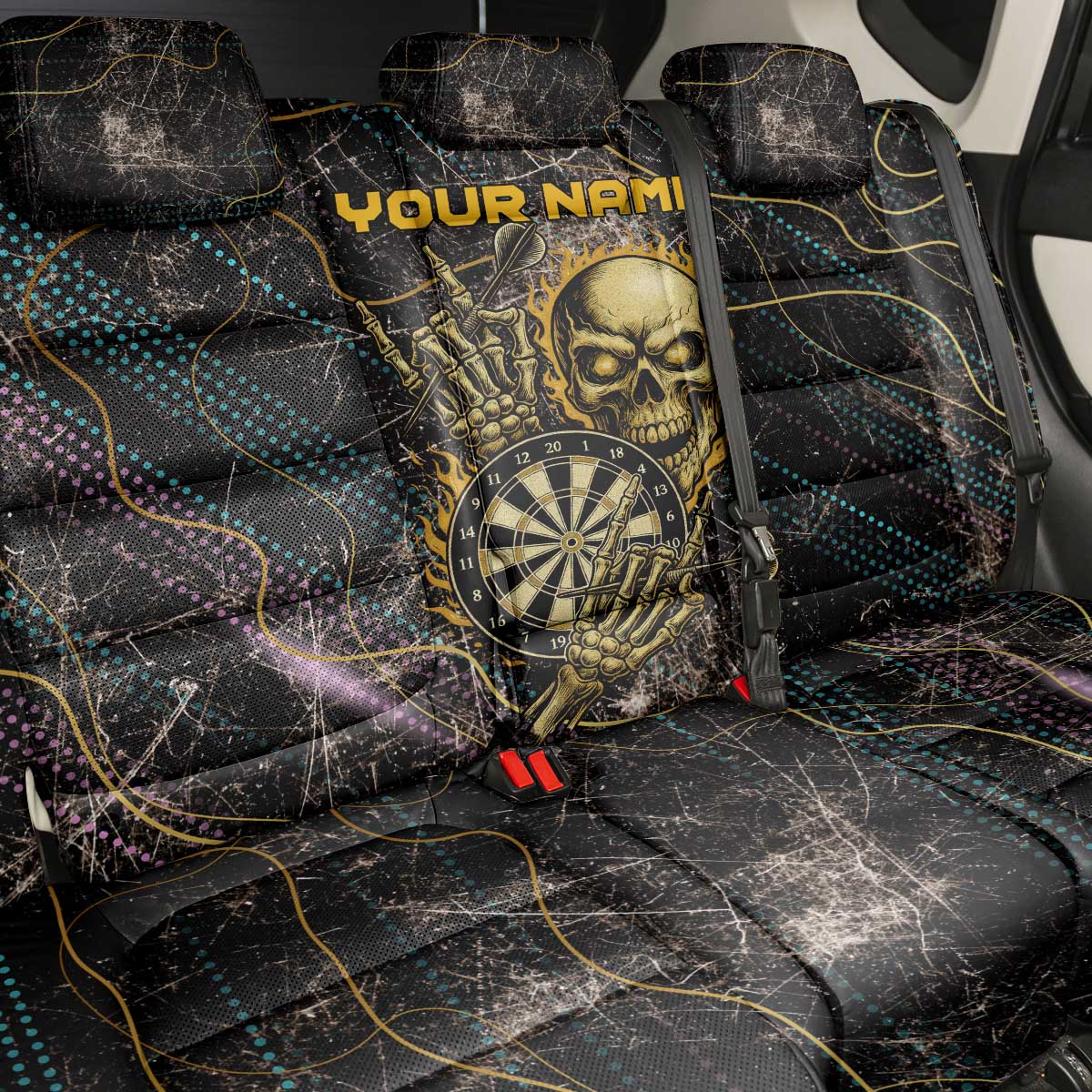 Personalized Skull and Darts Graphic Back Car Seat Cover with Neon Design - Wonder Print Shop