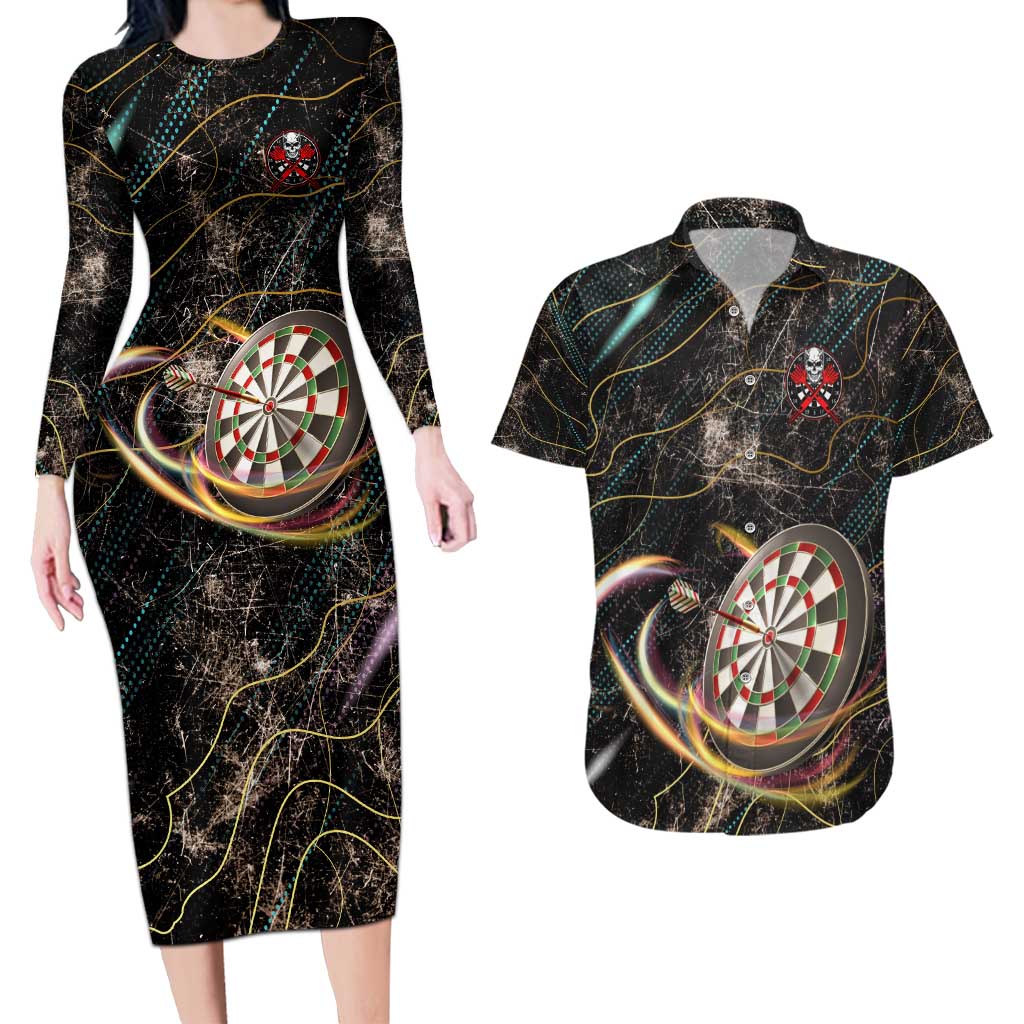 Personalized Skull and Darts Graphic Couples Matching Long Sleeve Bodycon Dress and Hawaiian Shirt with Neon Design - Wonder Print Shop