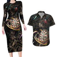 Personalized Skull and Darts Graphic Couples Matching Long Sleeve Bodycon Dress and Hawaiian Shirt with Neon Design - Wonder Print Shop