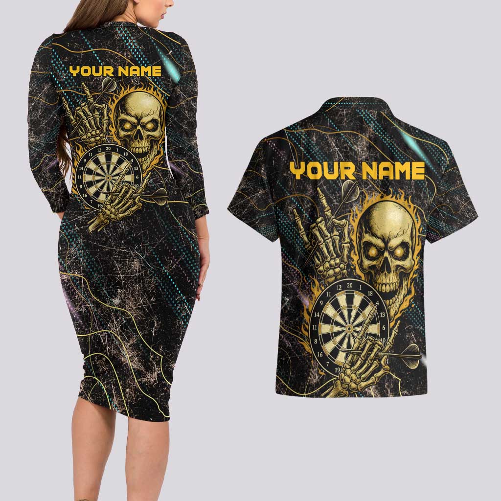 Personalized Skull and Darts Graphic Couples Matching Long Sleeve Bodycon Dress and Hawaiian Shirt with Neon Design - Wonder Print Shop