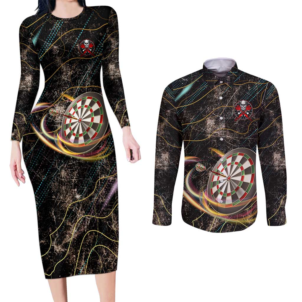 Personalized Skull and Darts Graphic Couples Matching Long Sleeve Bodycon Dress and Long Sleeve Button Shirt with Neon Design - Wonder Print Shop