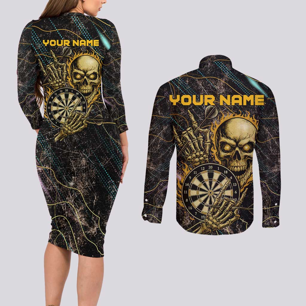 Personalized Skull and Darts Graphic Couples Matching Long Sleeve Bodycon Dress and Long Sleeve Button Shirt with Neon Design - Wonder Print Shop
