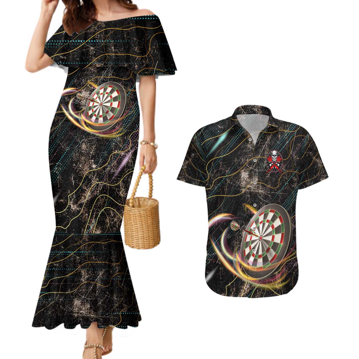 Personalized Skull and Darts Graphic Couples Matching Mermaid Dress and Hawaiian Shirt with Neon Design - Wonder Print Shop