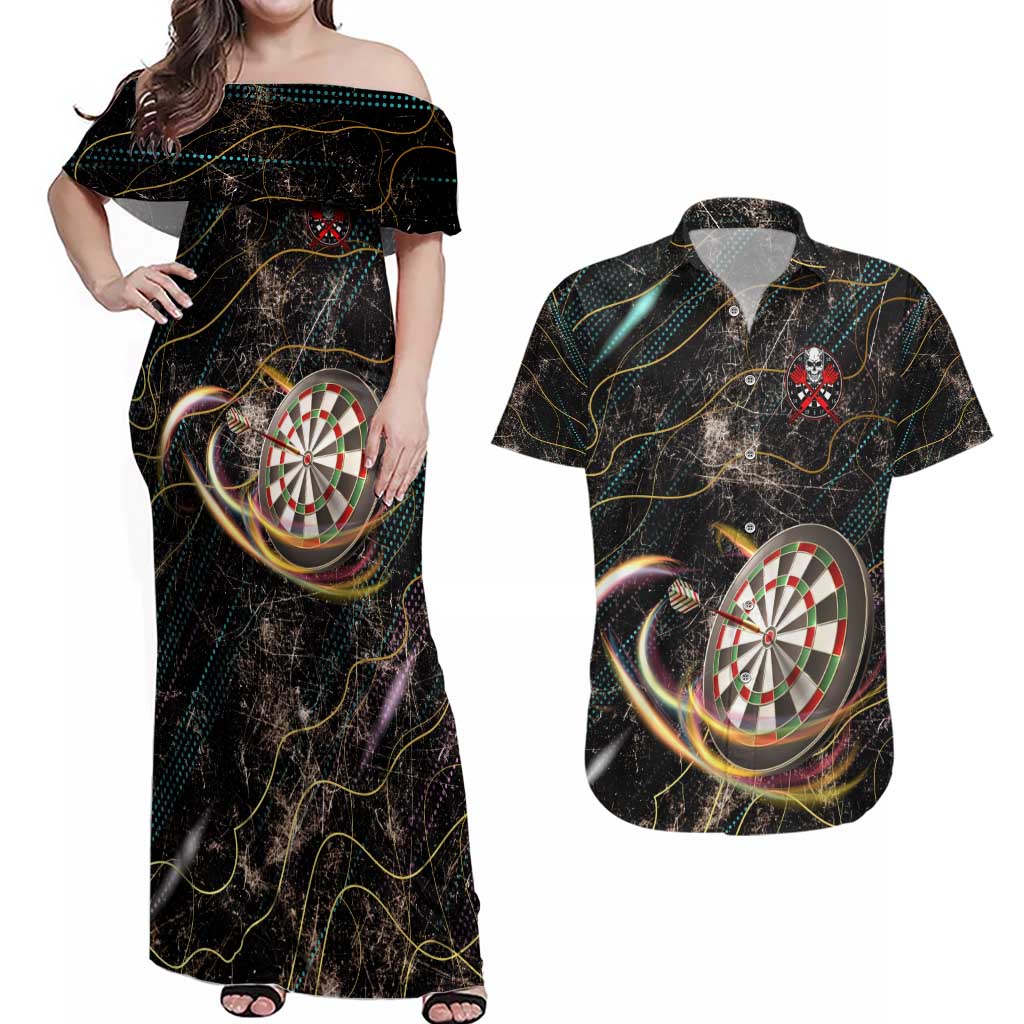 Personalized Skull and Darts Graphic Couples Matching Off Shoulder Maxi Dress and Hawaiian Shirt with Neon Design - Wonder Print Shop