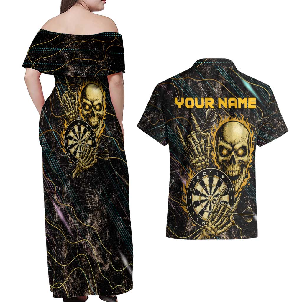 Personalized Skull and Darts Graphic Couples Matching Off Shoulder Maxi Dress and Hawaiian Shirt with Neon Design - Wonder Print Shop