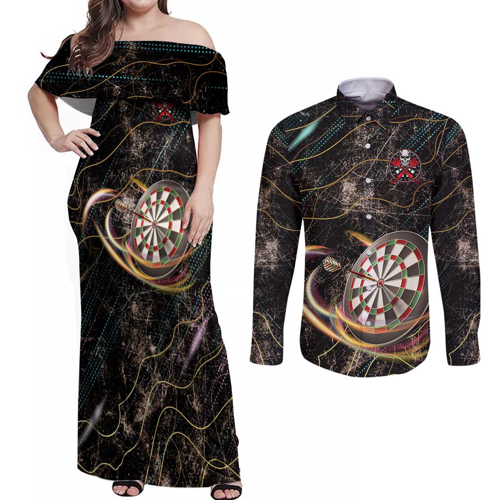 Personalized Skull and Darts Graphic Couples Matching Off Shoulder Maxi Dress and Long Sleeve Button Shirt with Neon Design - Wonder Print Shop