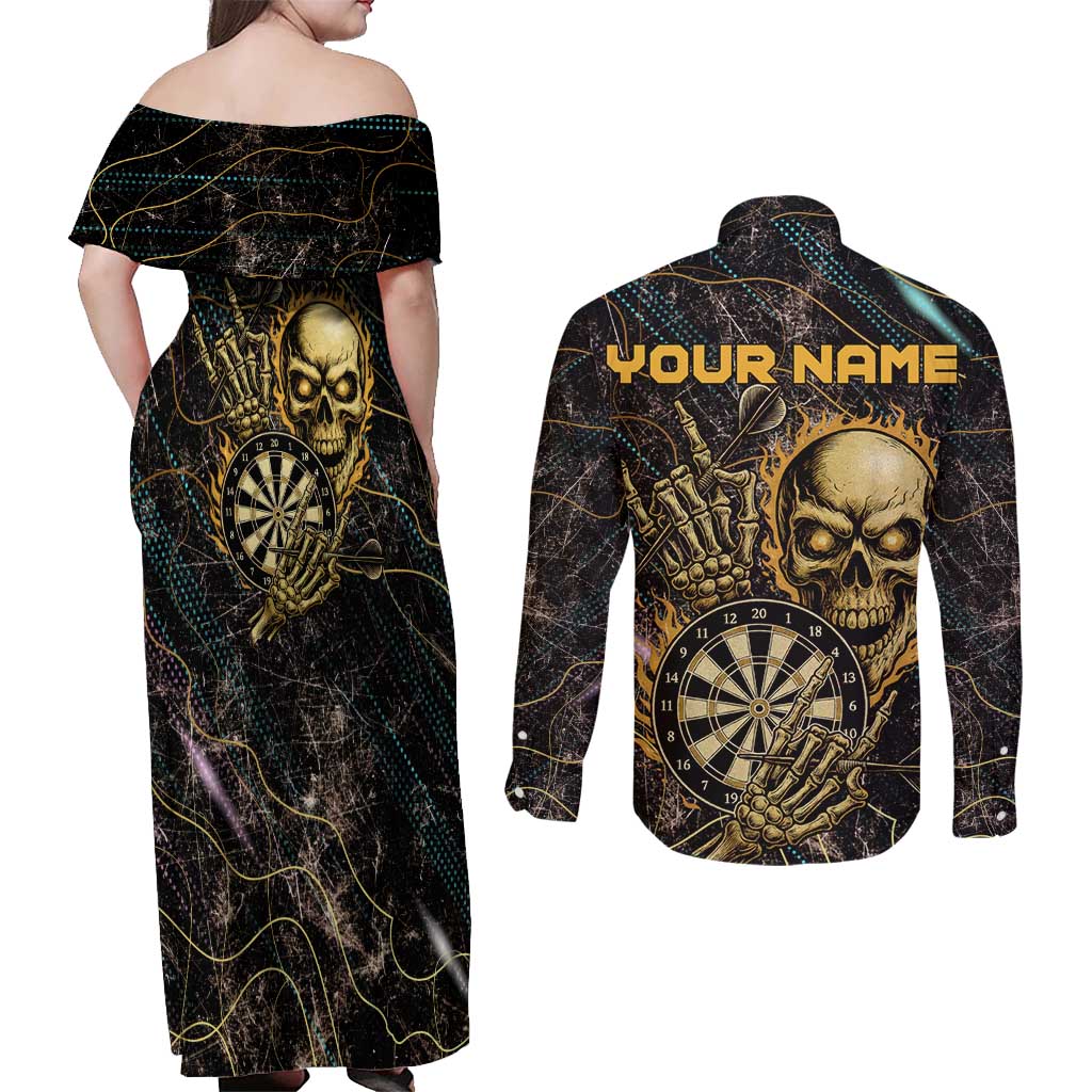 Personalized Skull and Darts Graphic Couples Matching Off Shoulder Maxi Dress and Long Sleeve Button Shirt with Neon Design - Wonder Print Shop