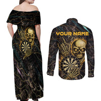 Personalized Skull and Darts Graphic Couples Matching Off Shoulder Maxi Dress and Long Sleeve Button Shirt with Neon Design - Wonder Print Shop