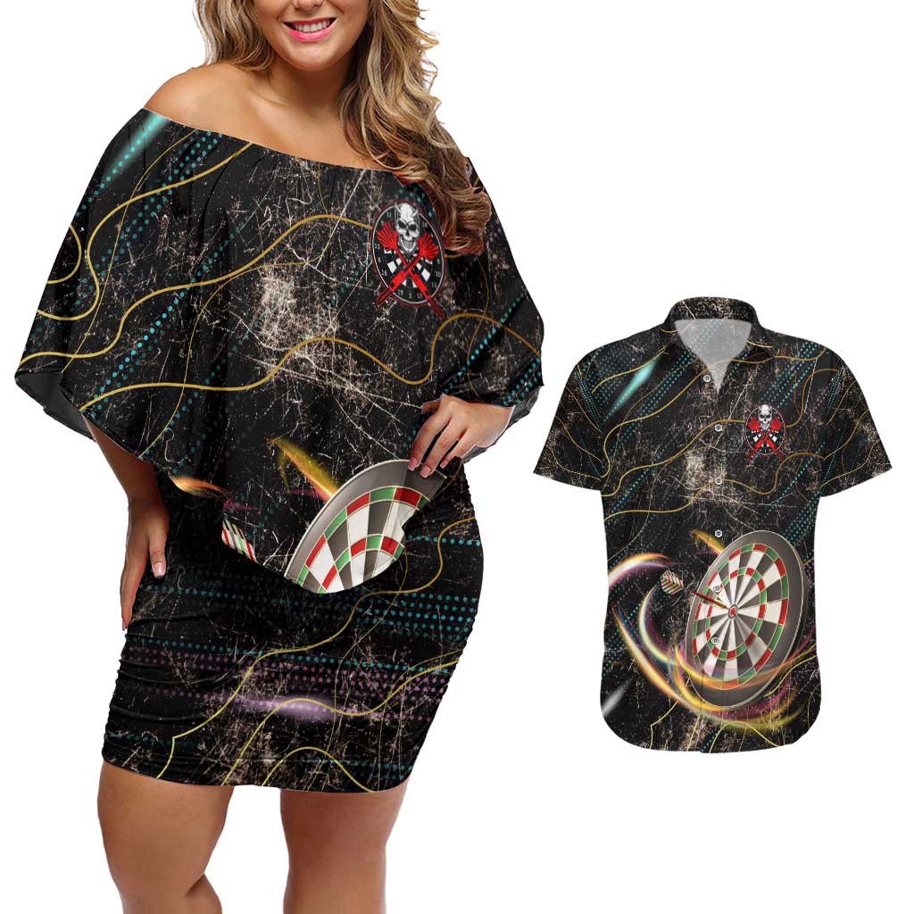 Personalized Skull and Darts Graphic Couples Matching Off Shoulder Short Dress and Hawaiian Shirt with Neon Design - Wonder Print Shop