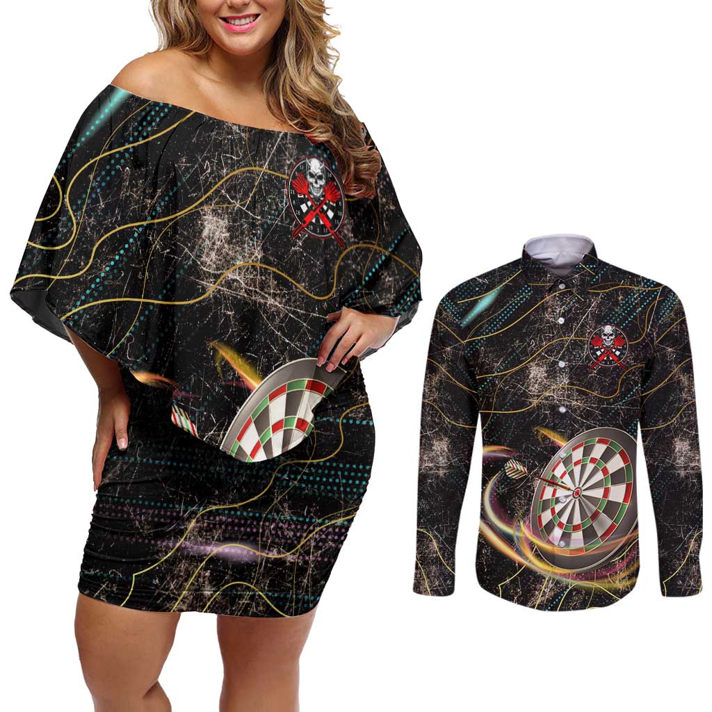 Personalized Skull and Darts Graphic Couples Matching Off Shoulder Short Dress and Long Sleeve Button Shirt with Neon Design - Wonder Print Shop
