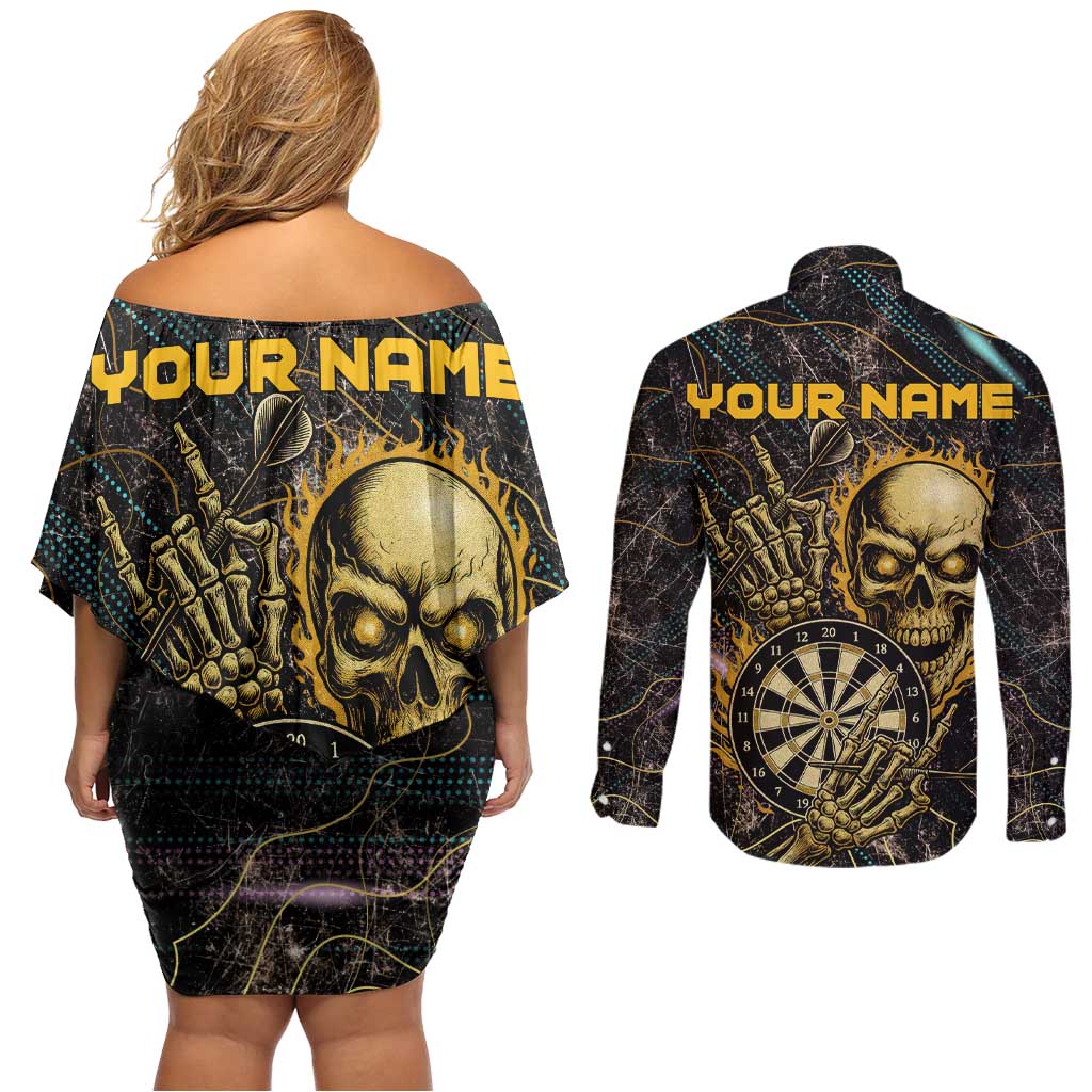 Personalized Skull and Darts Graphic Couples Matching Off Shoulder Short Dress and Long Sleeve Button Shirt with Neon Design - Wonder Print Shop