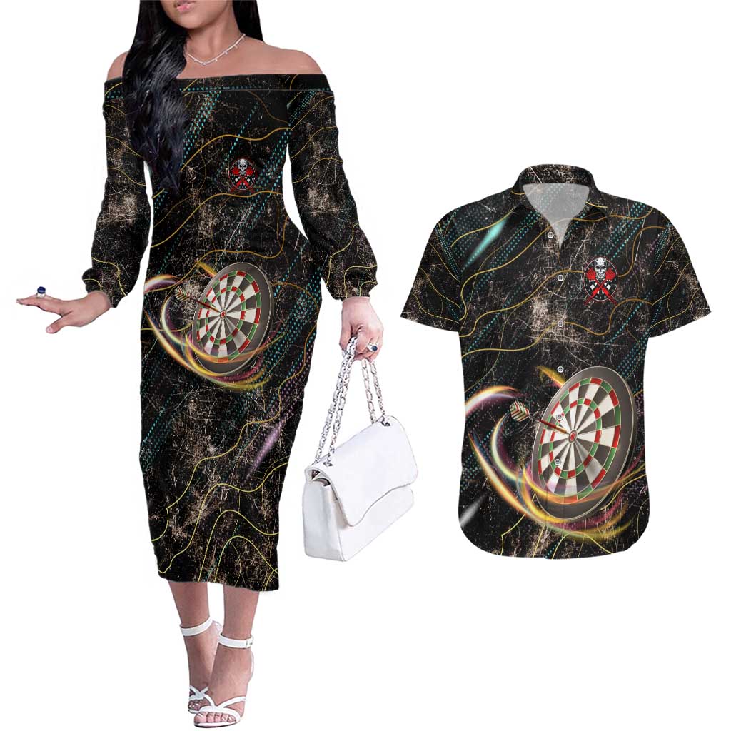 Personalized Skull and Darts Graphic Couples Matching Off The Shoulder Long Sleeve Dress and Hawaiian Shirt with Neon Design - Wonder Print Shop
