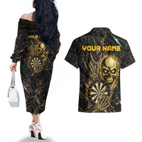 Personalized Skull and Darts Graphic Couples Matching Off The Shoulder Long Sleeve Dress and Hawaiian Shirt with Neon Design - Wonder Print Shop
