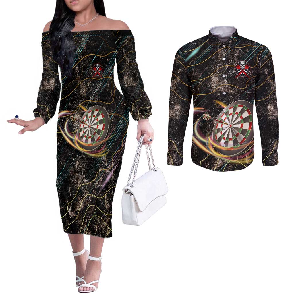 Personalized Skull and Darts Graphic Couples Matching Off The Shoulder Long Sleeve Dress and Long Sleeve Button Shirt with Neon Design - Wonder Print Shop