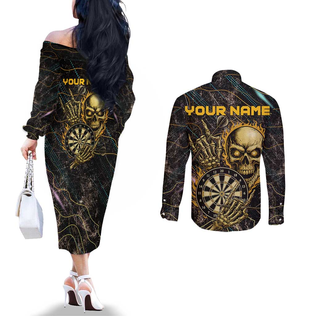 Personalized Skull and Darts Graphic Couples Matching Off The Shoulder Long Sleeve Dress and Long Sleeve Button Shirt with Neon Design - Wonder Print Shop