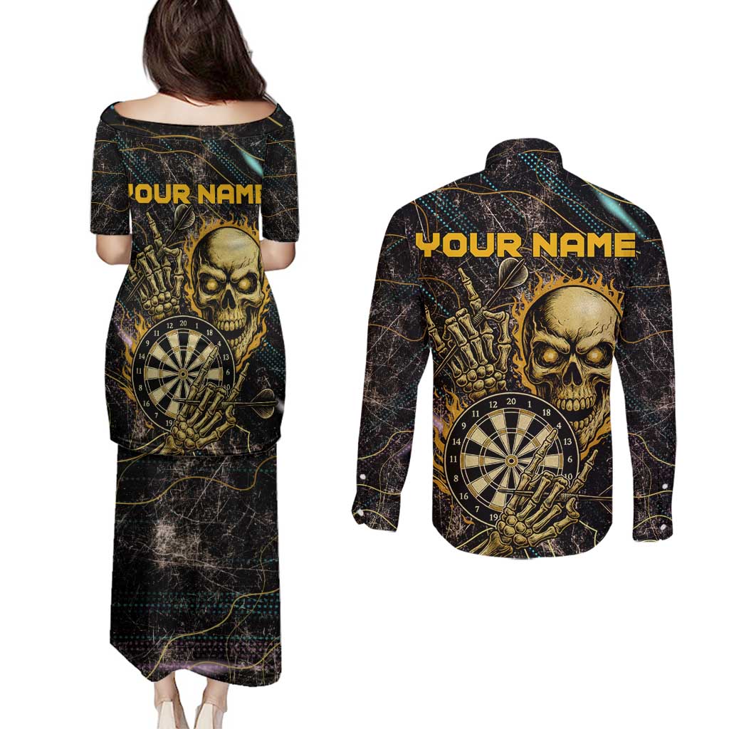 Personalized Skull and Darts Graphic Couples Matching Puletasi and Long Sleeve Button Shirt with Neon Design - Wonder Print Shop