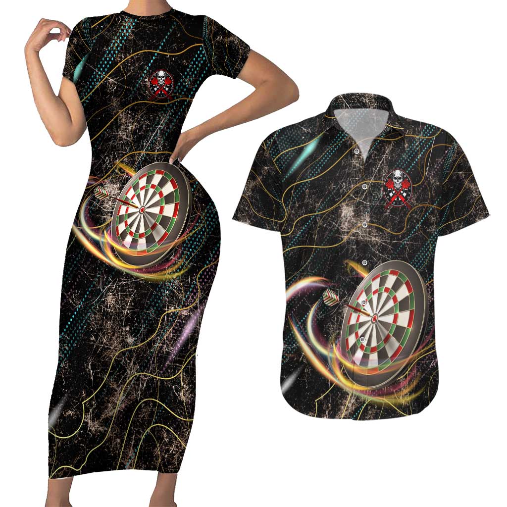 Personalized Skull and Darts Graphic Couples Matching Short Sleeve Bodycon Dress and Hawaiian Shirt with Neon Design - Wonder Print Shop