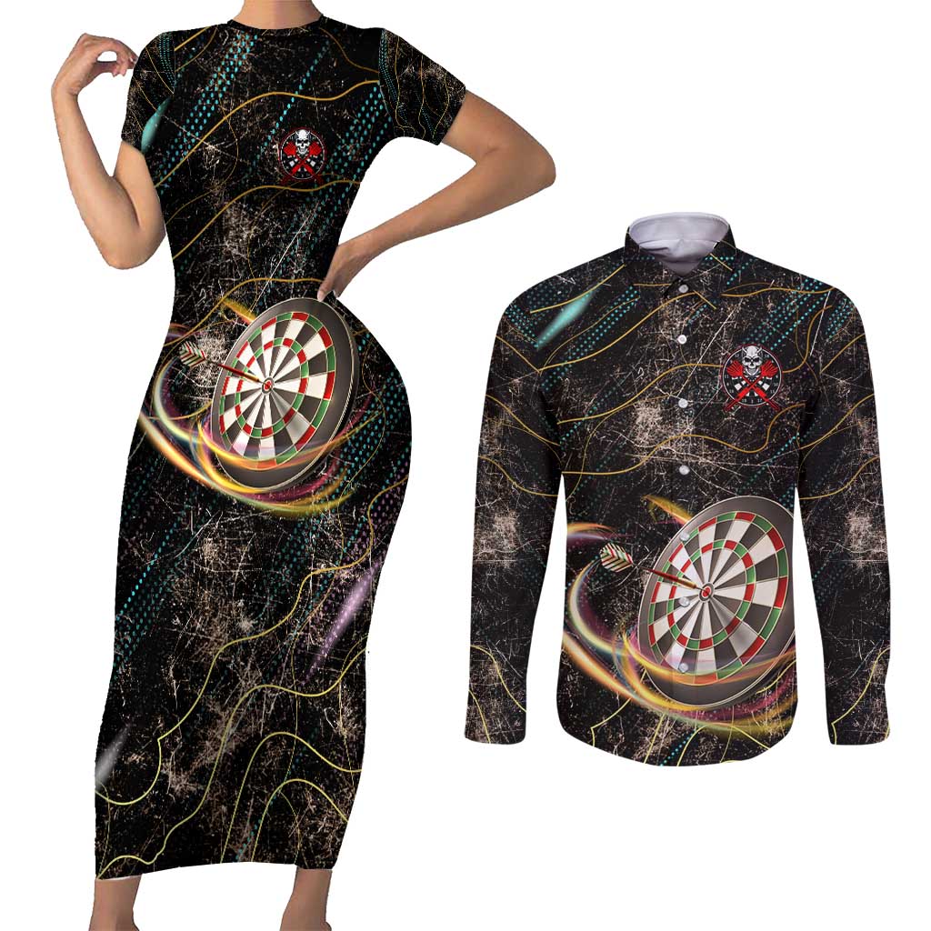 Personalized Skull and Darts Graphic Couples Matching Short Sleeve Bodycon Dress and Long Sleeve Button Shirt with Neon Design - Wonder Print Shop