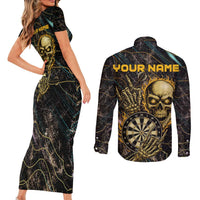 Personalized Skull and Darts Graphic Couples Matching Short Sleeve Bodycon Dress and Long Sleeve Button Shirt with Neon Design - Wonder Print Shop